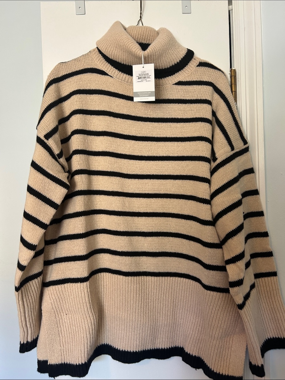 NWT Mud Pie Beige and Black Striped Turtleneck Oversized Sweater